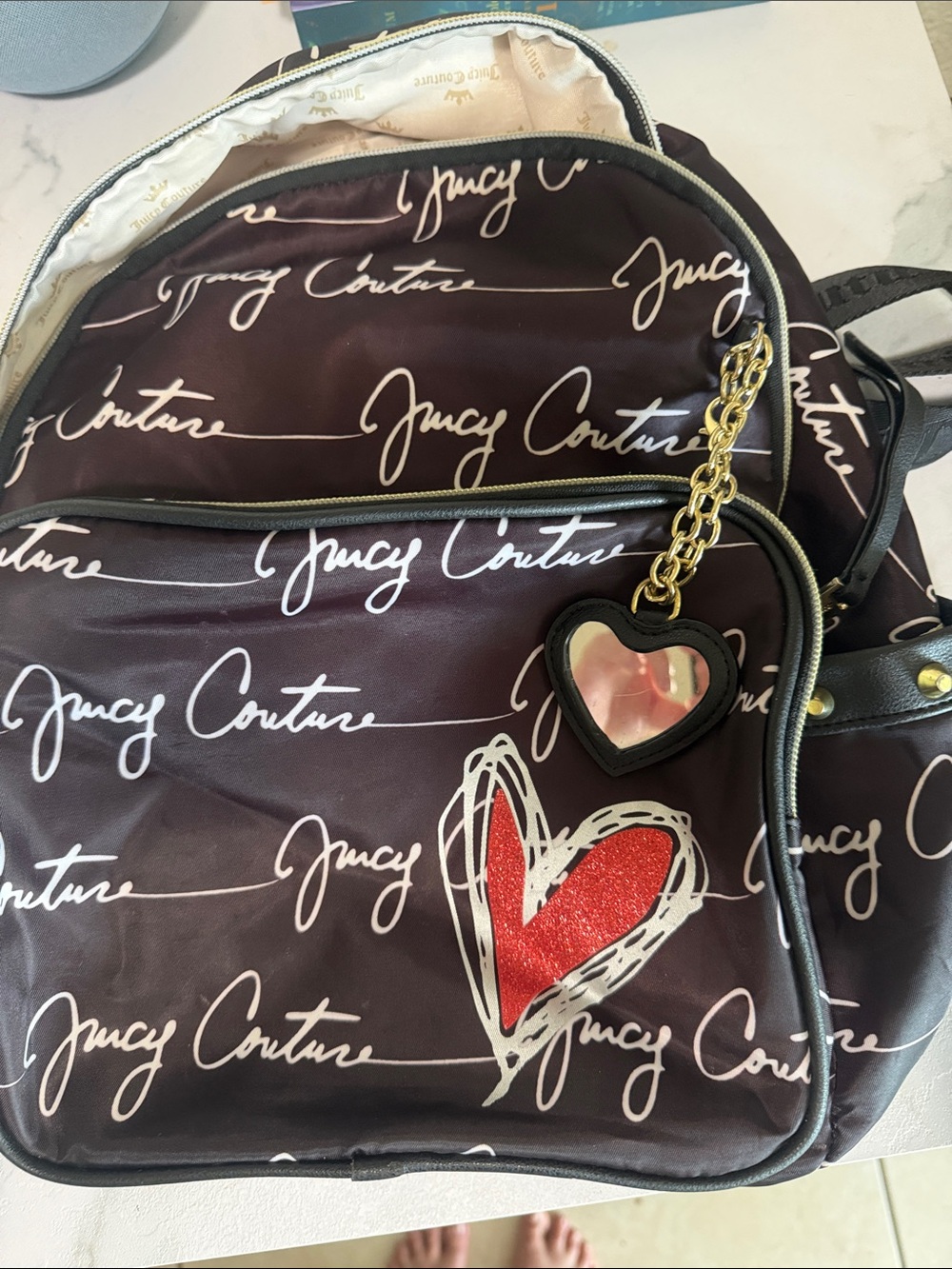 Juicy Couture Maroon Logo Backpack with Red Heart Charm
